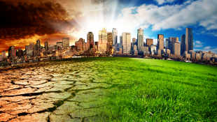 A Changing Climate for State Policy-Making Regarding Climate Change Urban skyline with earth brown to green signalling climate change