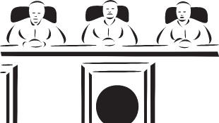 New York Court Temporarily Enjoins UCC Foreclosure Sale Illustration of three judges sitting behind bench