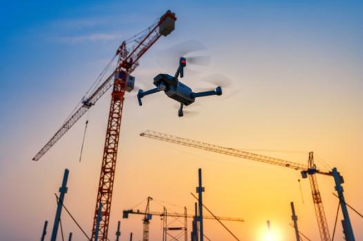 Drone flying over construction site