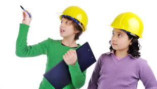 Children in construction worker garb