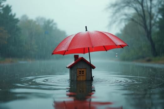 Small Pretend House in Flood with Umbrella over it
