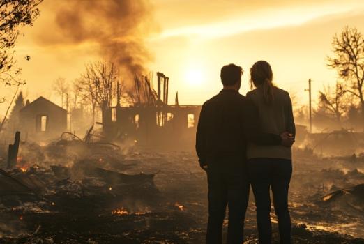Homeowners looking at burned house