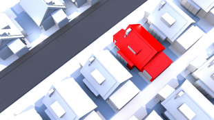 illustration of housing development one red house