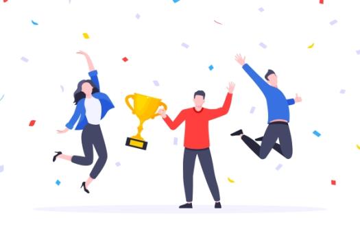Illustration of three people celebrating with trophy
