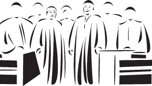 Judges standing behind bench